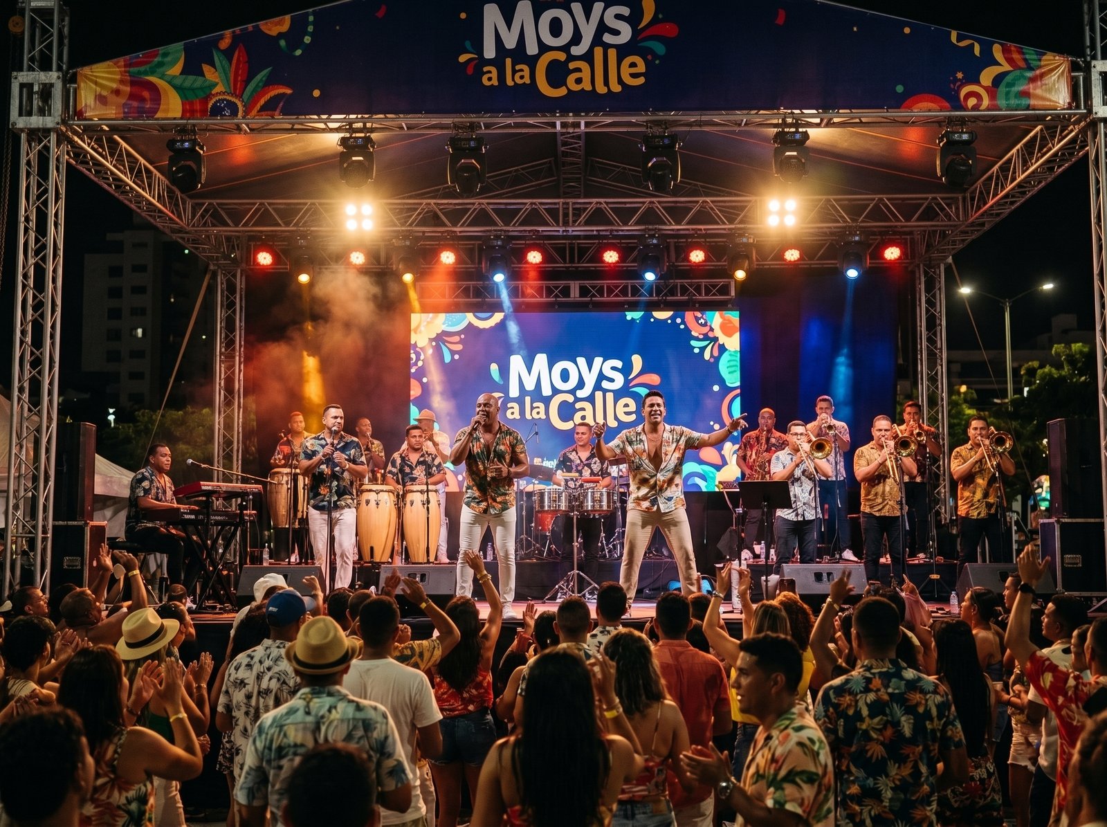Artistas y orquesta de salsa en concierto de Moys a la Calle