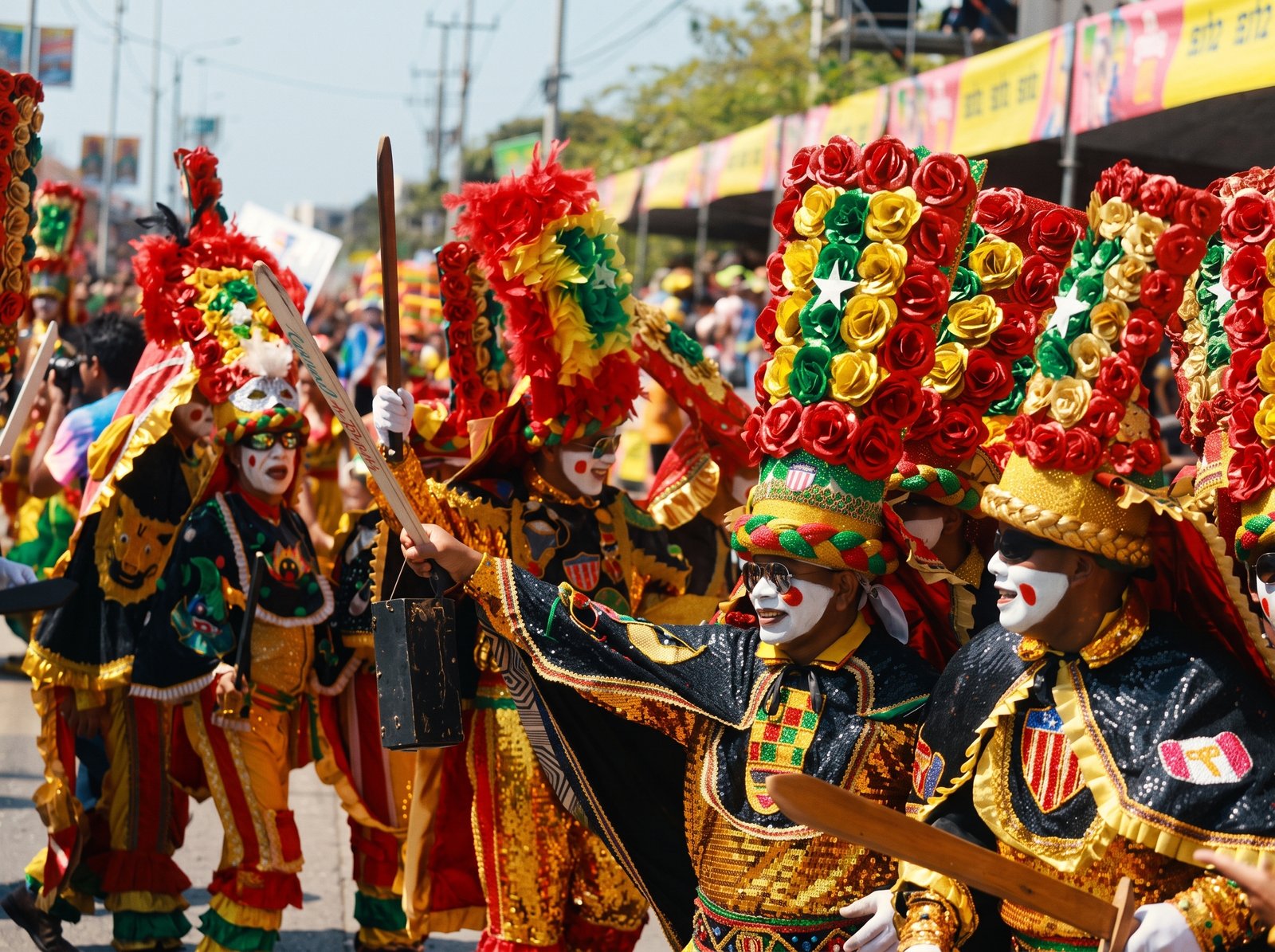 Danzantes con trajes de gala y penachos de plumas en desfile de Carnaval