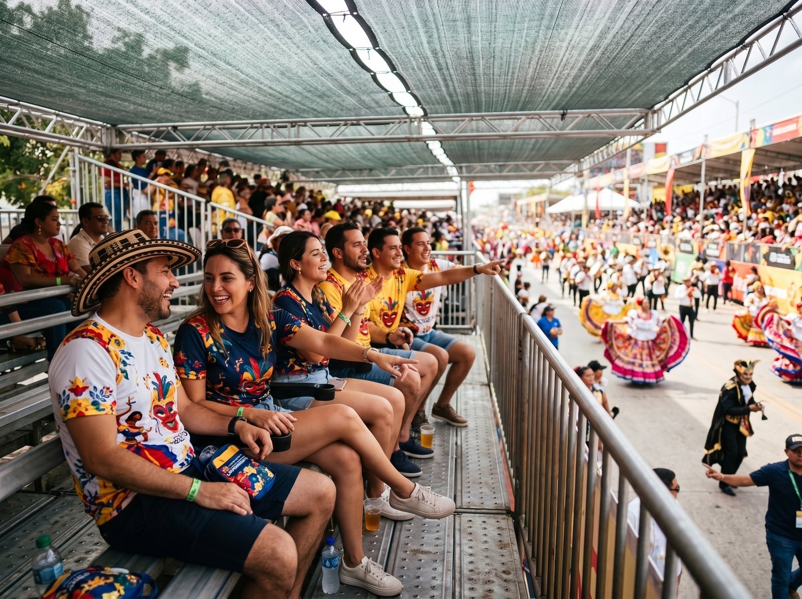 Group of friends wearing carnival shirts at Vía 40 box seats